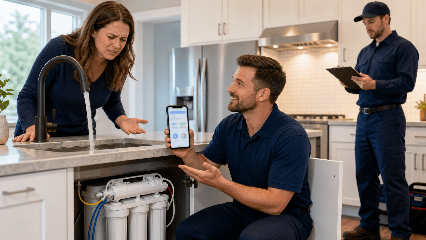 Blue-toned illustration of a plumber with a wrench beside a water filter, chat bubbles and dashboard icons glowing.