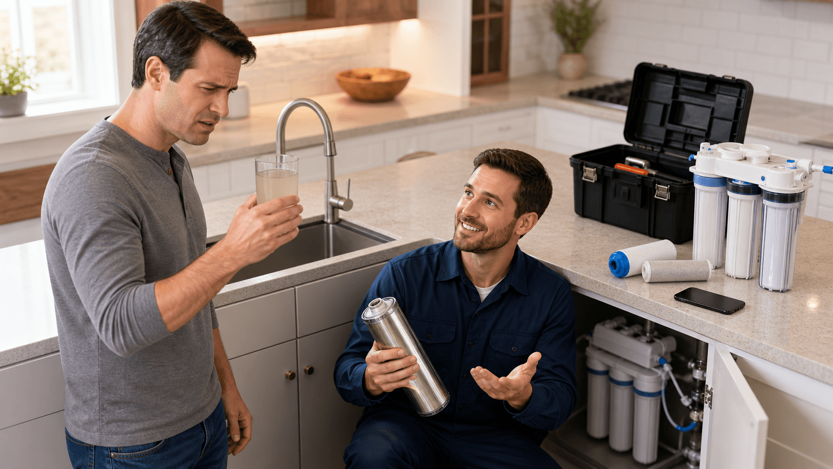 Plumber in blue uniform holds a wrench beside a shiny under-sink filter, with red warning icons on a white backdrop.