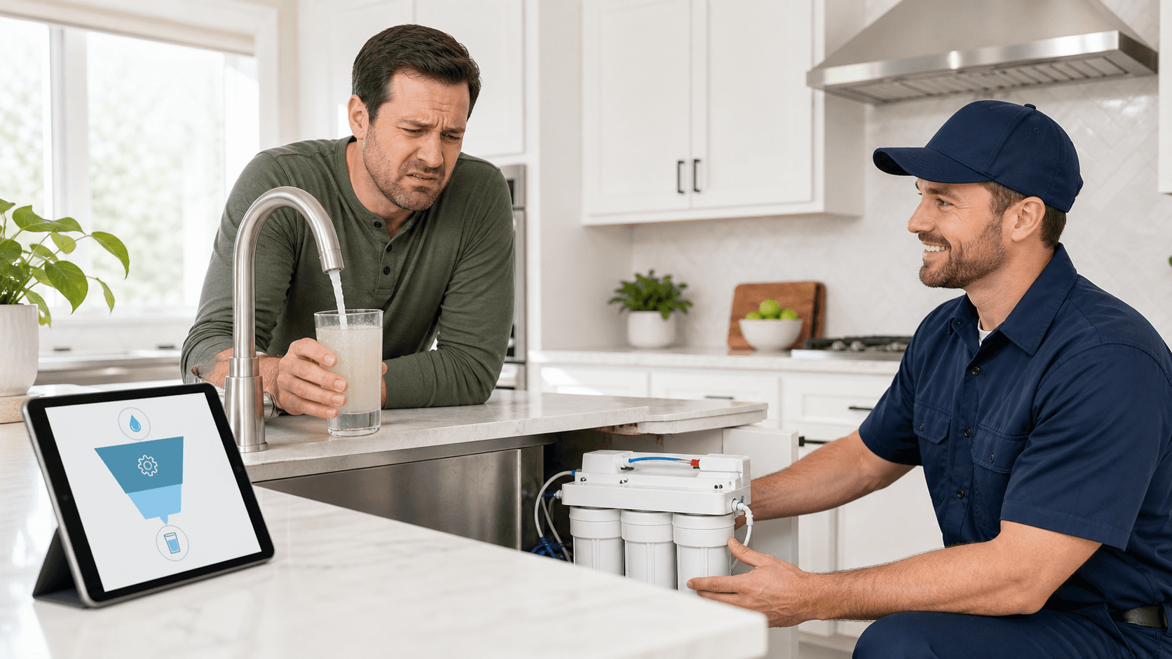 Plumber in blue overalls reviews a glowing funnel diagram on a tablet in a bright, modern workshop with pipes.