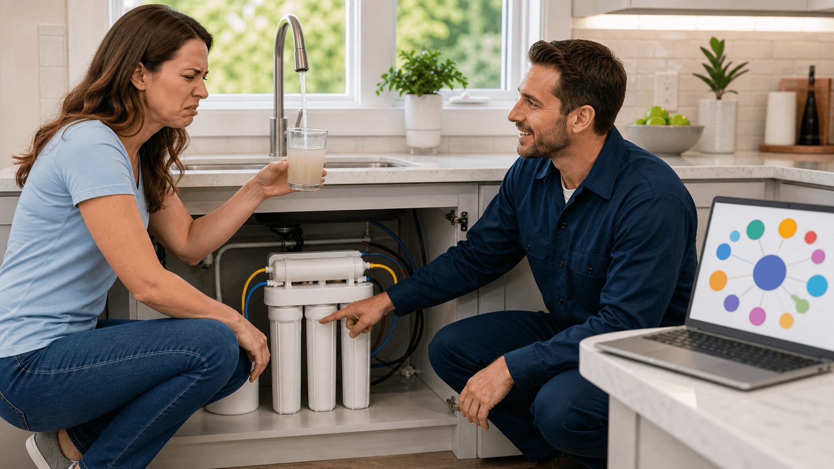 Blue-toned 3D illustration of a water filter and pipes on a desk with floating keyword tags and charts.