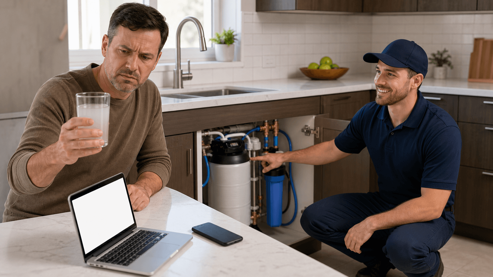 Plumber in blue uniform fixing copper pipes beside a white water softener, with speech bubbles on a light background