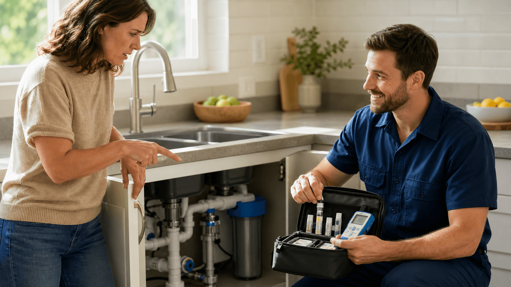 Plumber in blue uniform on phone beside pipes and a water filter, with glowing blue icons overlaid on dark background