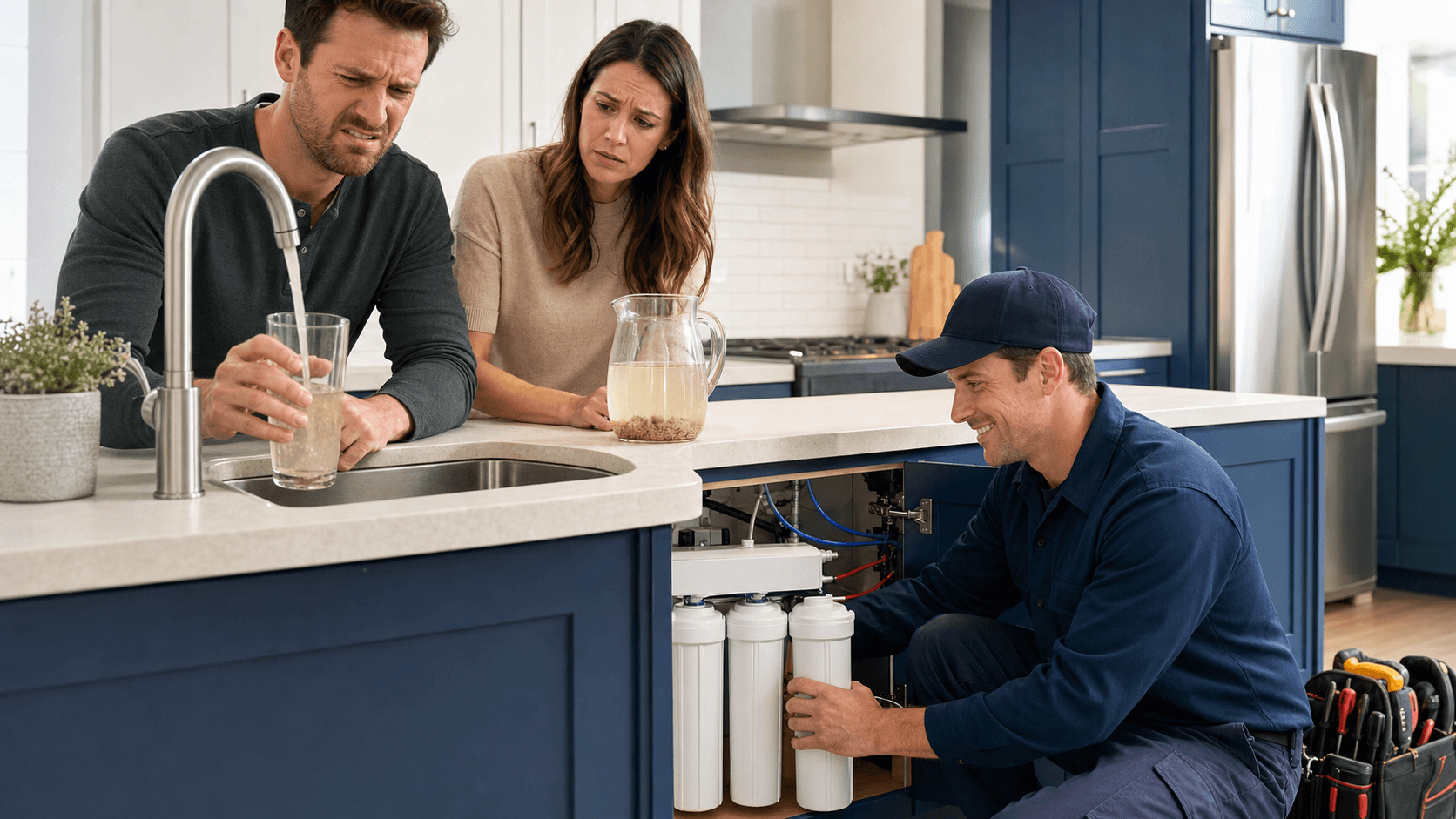 Plumber in blue uniform installing a water filter under a kitchen sink, bright light with clean white and blue tones.