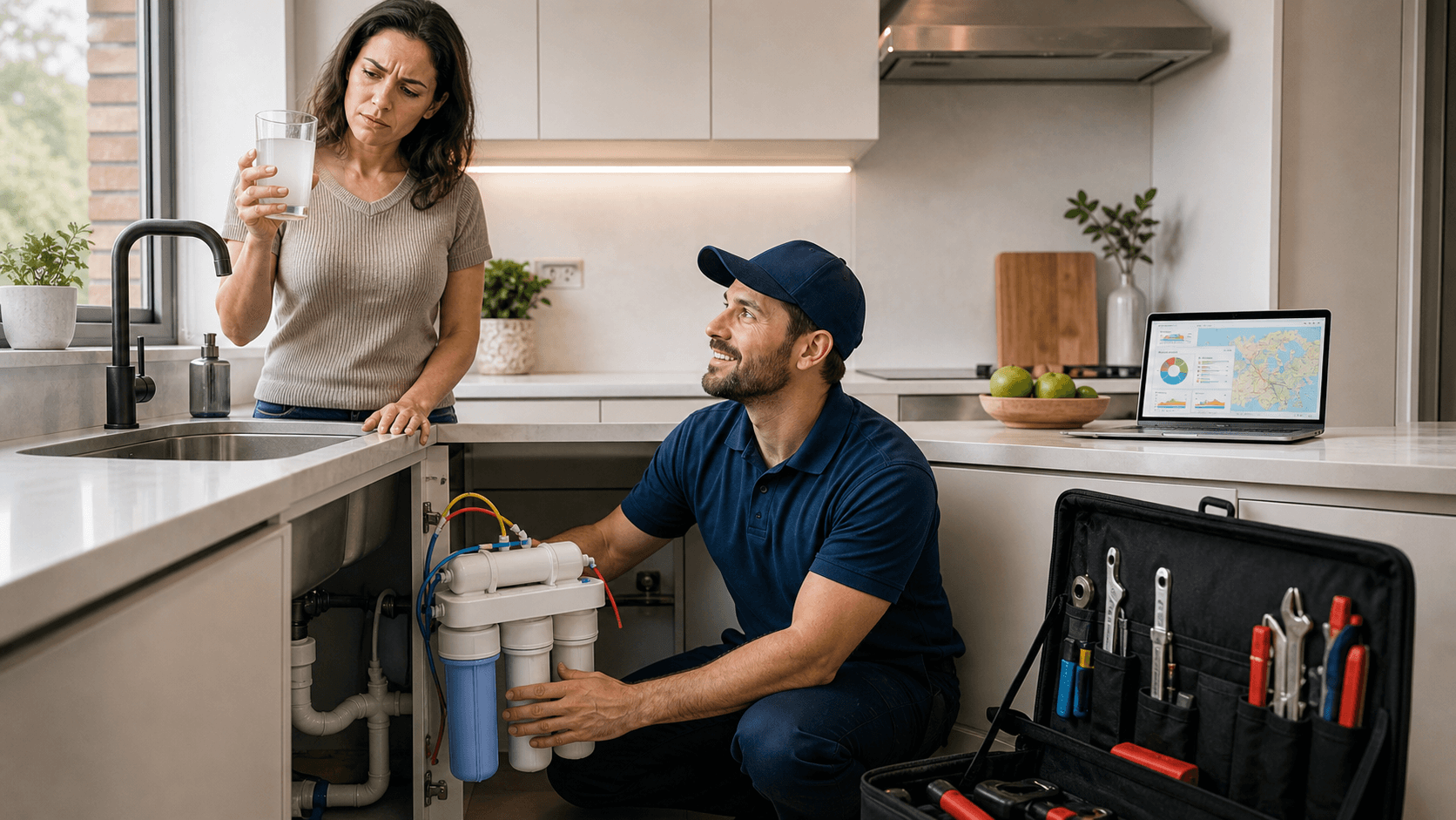 Blue-toned 3D plumbing pipes and a water filter cartridge beside a glowing SEO analytics dashboard on a dark background.