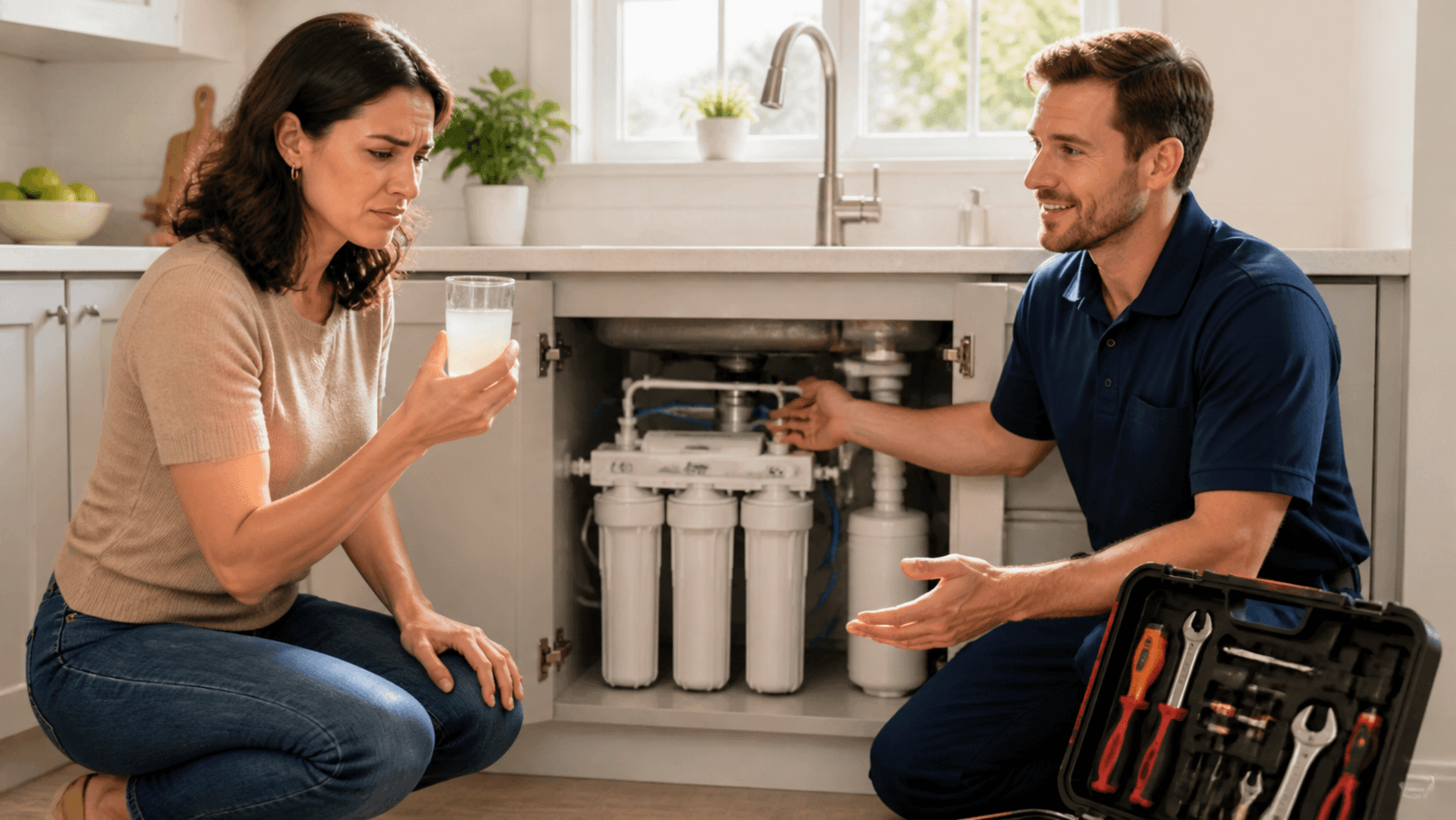 Plumber in blue uniform recoils as water splashes from a filtration system against a dark background.