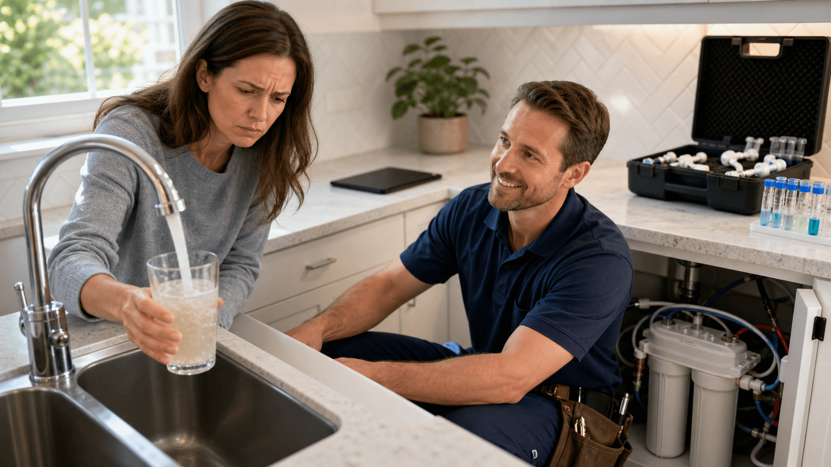 Plumber in blue uniform adjusts a stainless under-sink water filter beneath a white countertop in bright light.